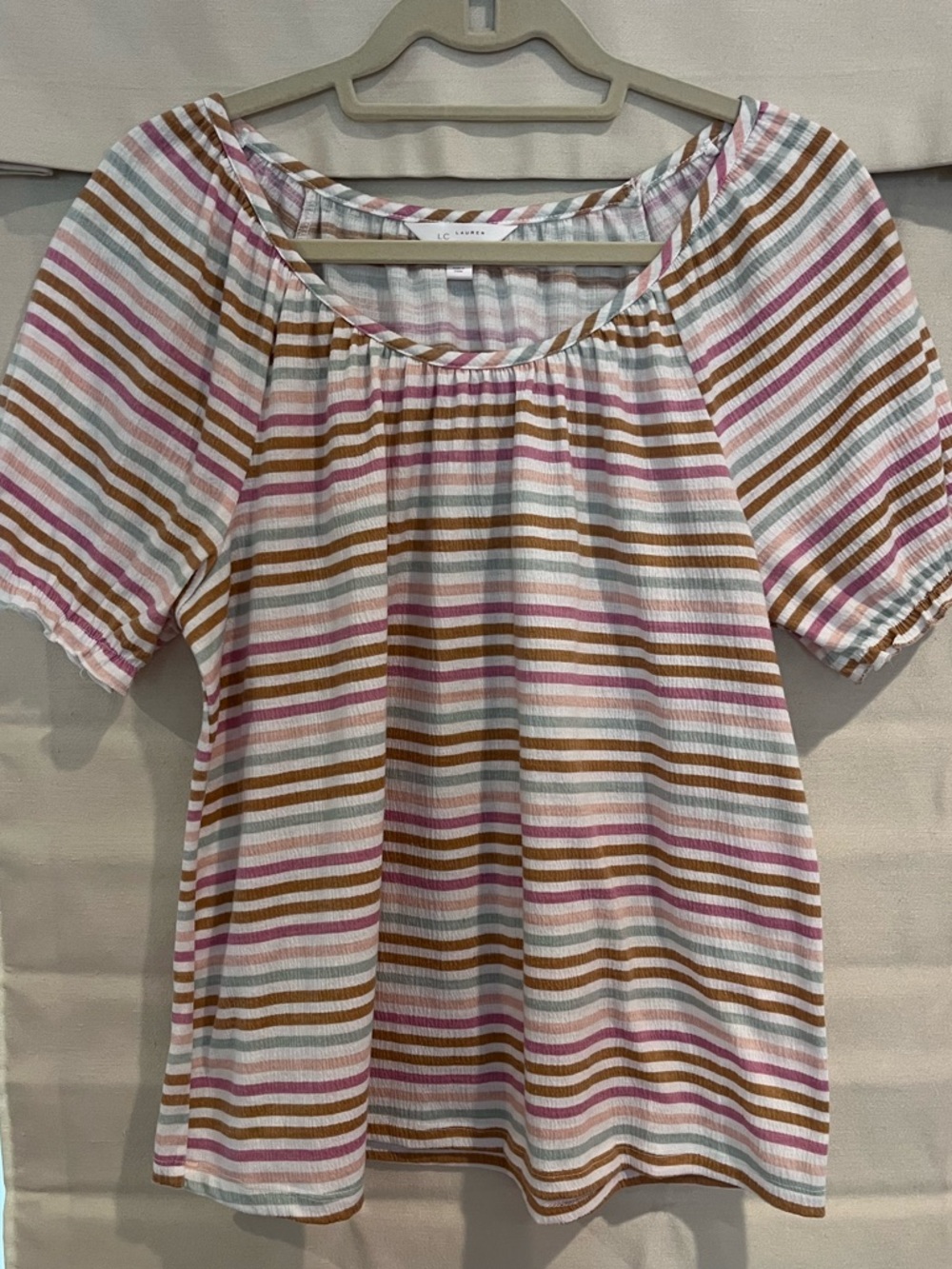 Lauren Conrad Pink, Tan, and Teal Striped Short Sleeve Top Size L